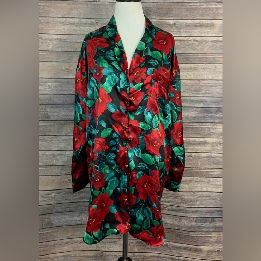 Victoria's Secret Red and Green Floral Robe Vintage 90s Gold Label Sz M Satin